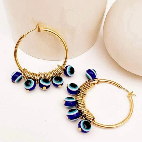 “Quadruple Evil Eye” Navy Blue Devil’s Eye Nazar Mati Protection Talisman Hoops - Picture 2 of 4